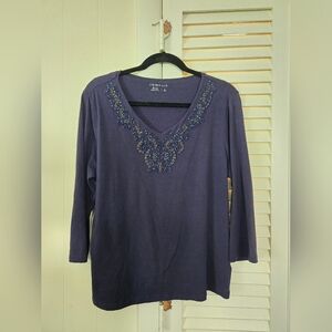 Large Coldwater Creek Blue Blouse with Gold Embellishments